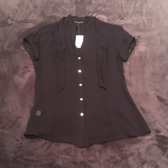 EXPRESS Short Sleeve Button Down Sheer Silk Blouse - Black (Size: Small) - Picture 1 of 8